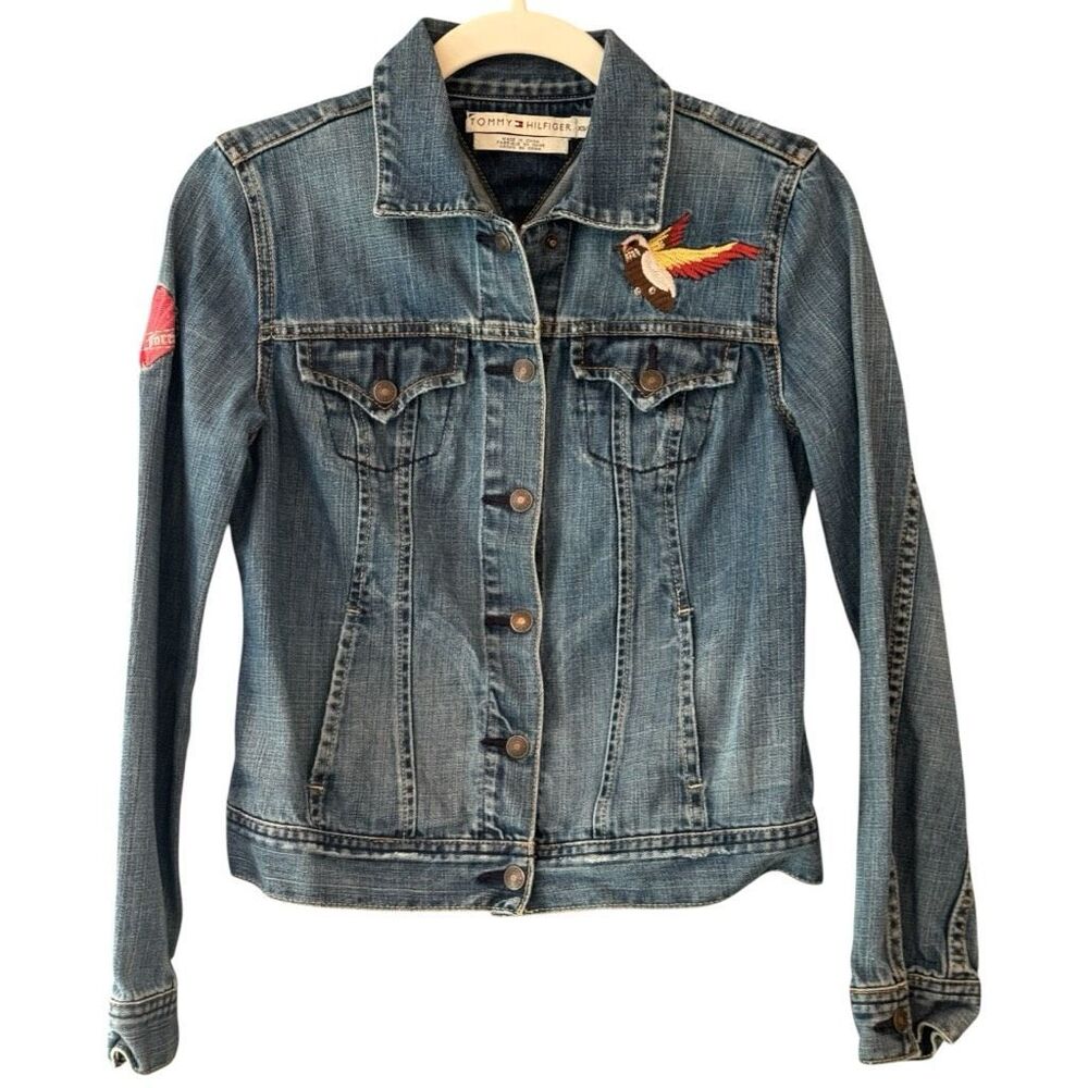 Tommy Hilfiger Womens Distressed Embroidery Bird Heart Denim Jean Jacket Blue XS